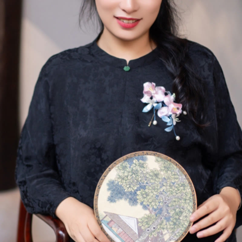 Handmade Velvet Flower Mulberry Silk Pink Iris Vine Brooch Hairpin