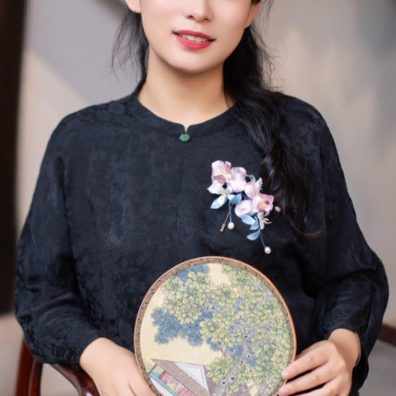 Handmade Velvet Flower Mulberry Silk Pink Iris Vine Brooch Hairpin