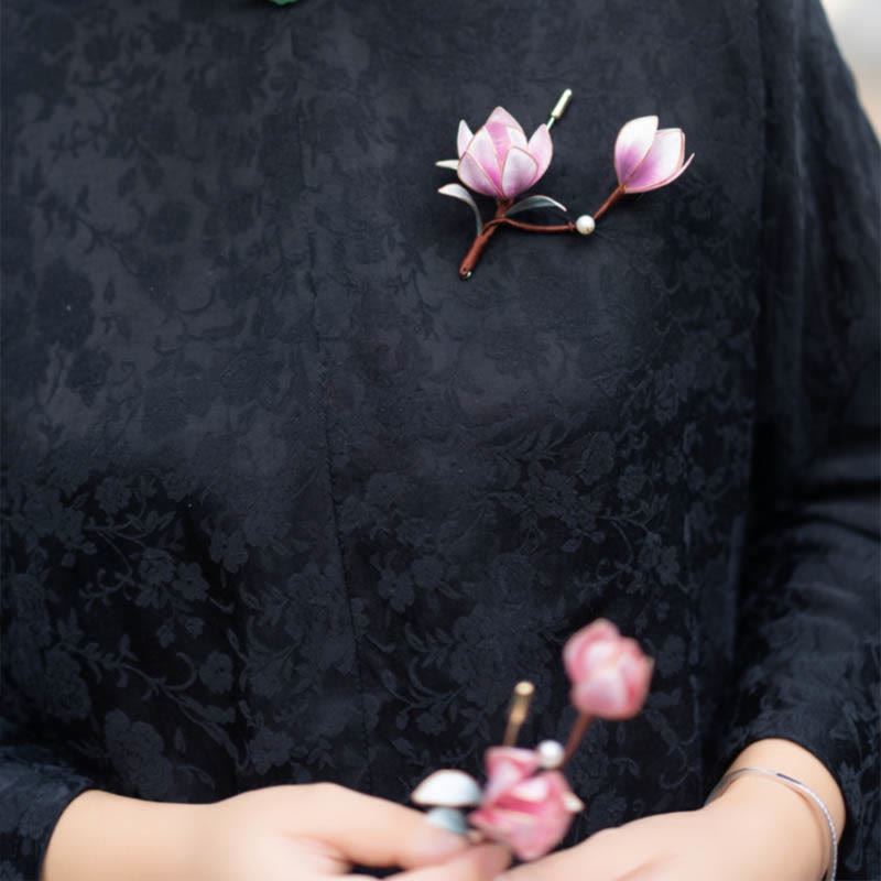 Handmade Yangzhou Velvet Flower Mulberry Silk Purple Magnolia Brooch Hairpin