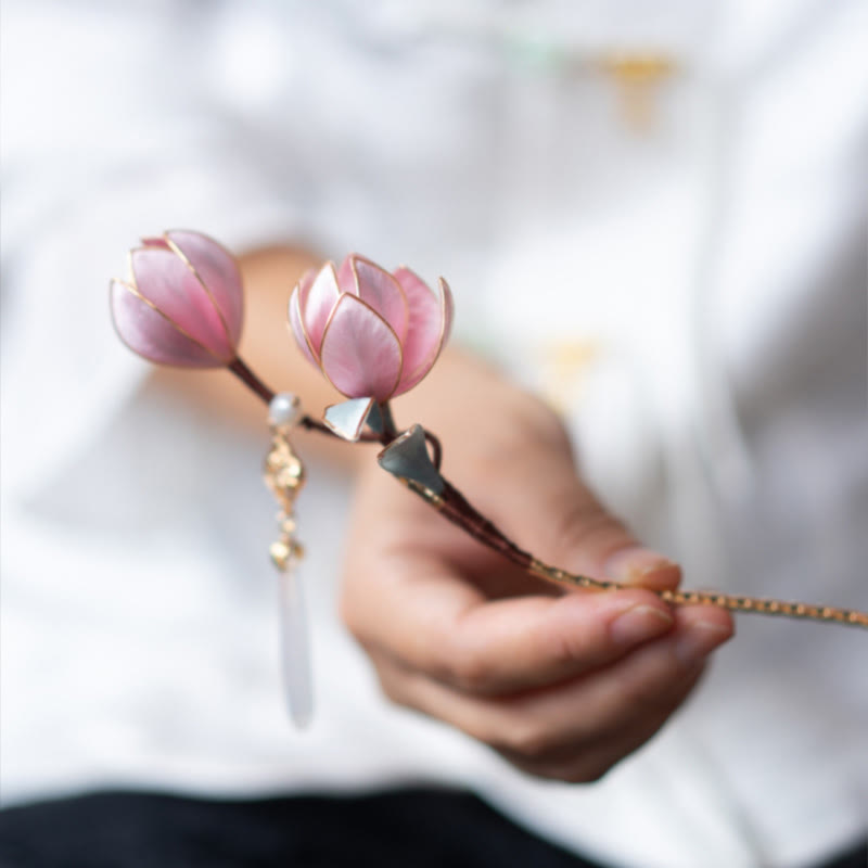 Handmade Yangzhou Velvet Flower Mulberry Silk Purple Magnolia Brooch Hairpin