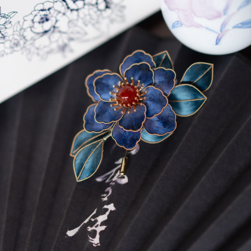 Handmade Yangzhou Velvet Flower Mulberry Silk Blue Flowers Brooch