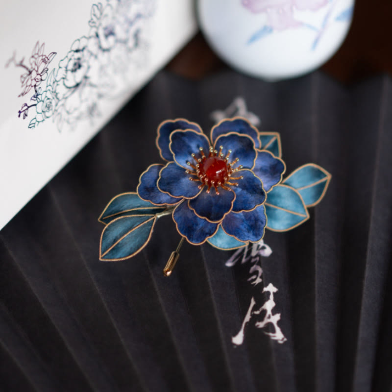 Handmade Yangzhou Velvet Flower Mulberry Silk Blue Flowers Brooch