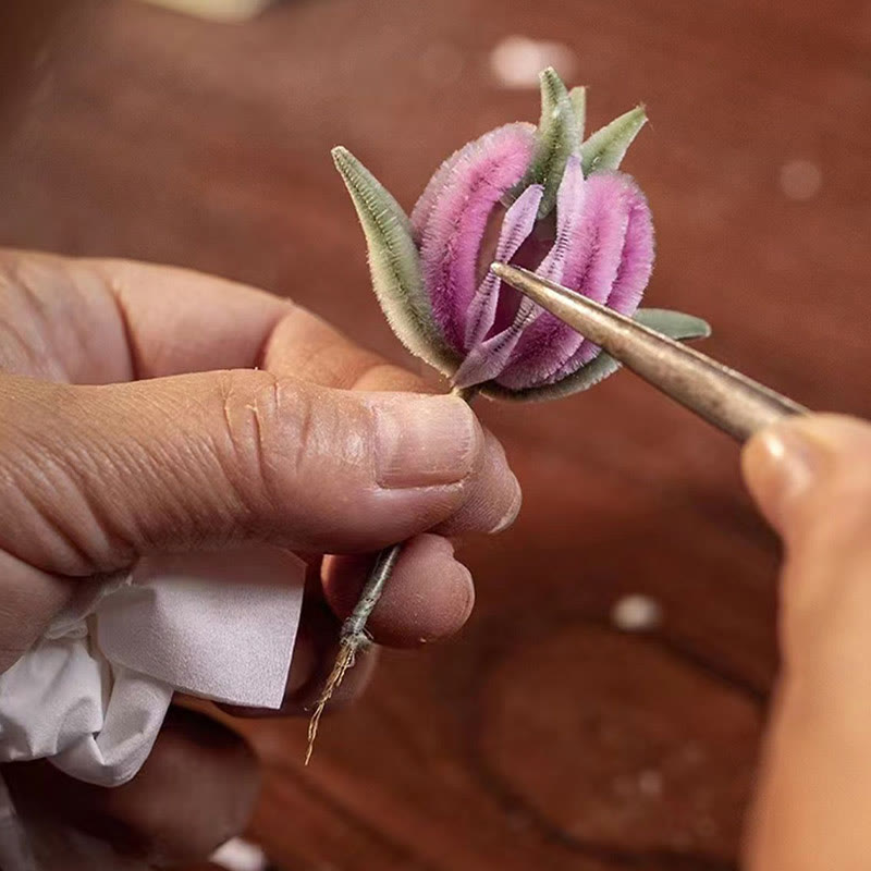 Handmade Yangzhou Velvet Flower Mulberry Silk Peach Blossom Brooch