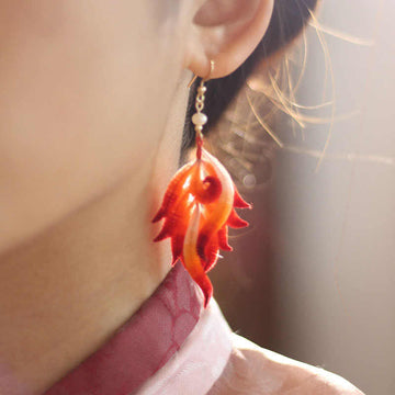 Handmade 14K Gold-Plated Copper and Mulberry Silk Velvet Flower Red Feather Drop Earrings