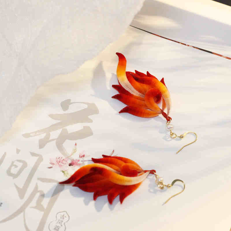 Handmade 14K Gold-Plated Copper and Mulberry Silk Velvet Flower Red Feather Drop Earrings