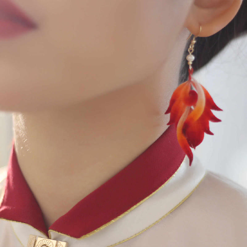 Handmade 14K Gold-Plated Copper and Mulberry Silk Velvet Flower Red Feather Drop Earrings
