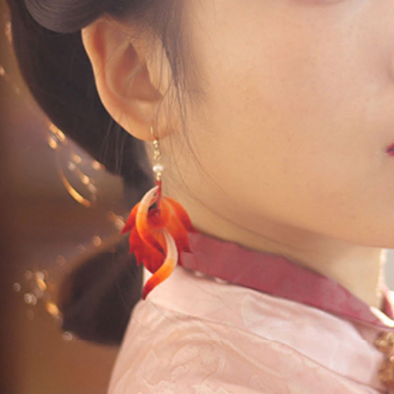 Handmade 14K Gold-Plated Copper and Mulberry Silk Velvet Flower Red Feather Drop Earrings