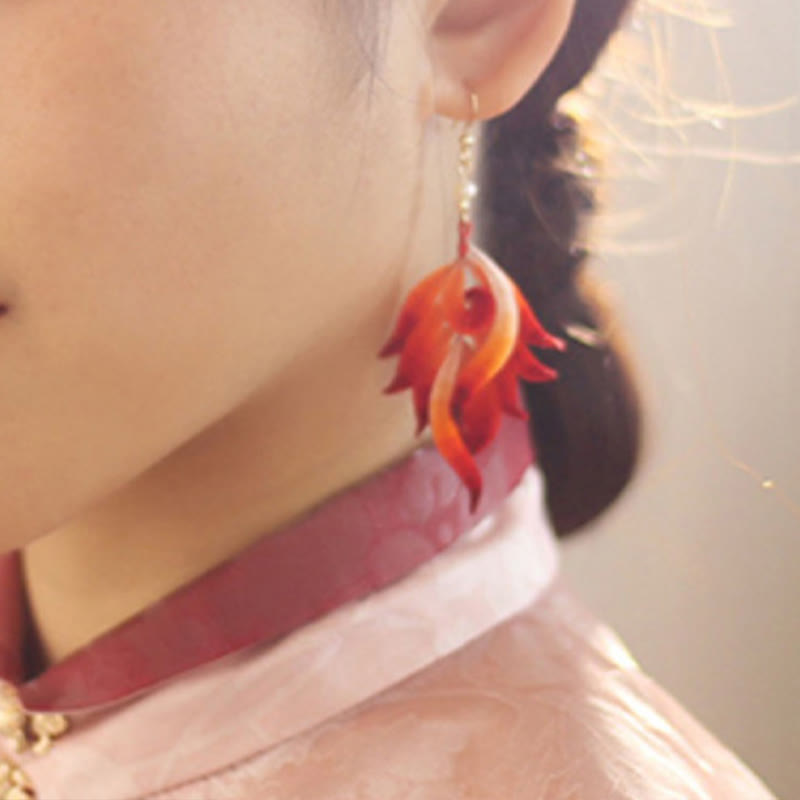 Handmade 14K Gold-Plated Copper and Mulberry Silk Velvet Flower Red Feather Drop Earrings