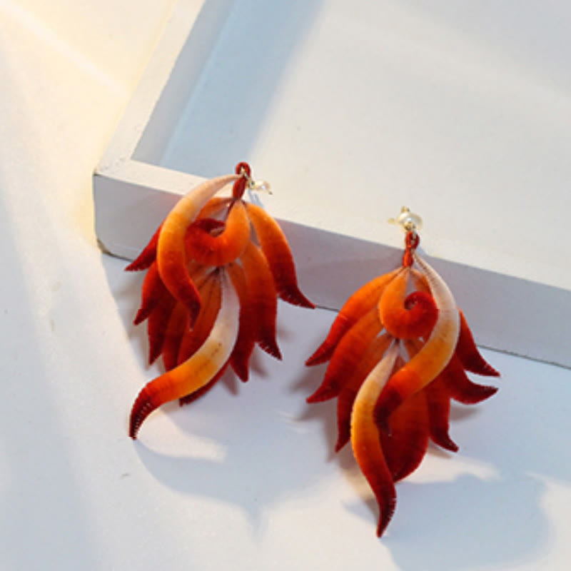 Handmade 14K Gold-Plated Copper and Mulberry Silk Velvet Flower Red Feather Drop Earrings