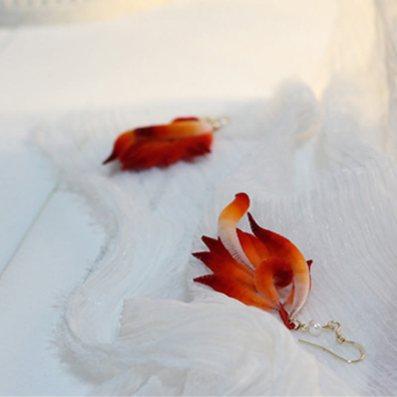 Handmade 14K Gold-Plated Copper and Mulberry Silk Velvet Flower Red Feather Drop Earrings