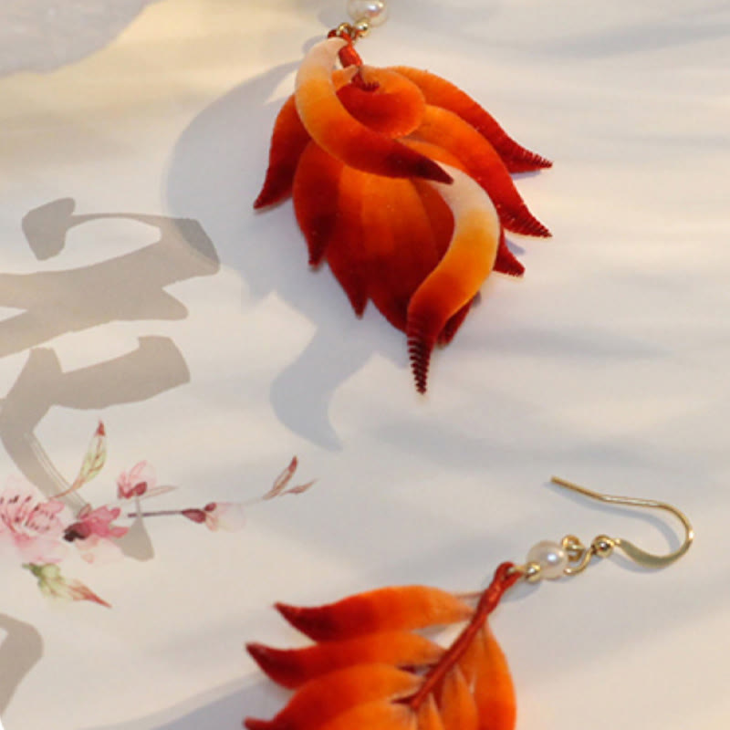 Handmade 14K Gold-Plated Copper and Mulberry Silk Velvet Flower Red Feather Drop Earrings