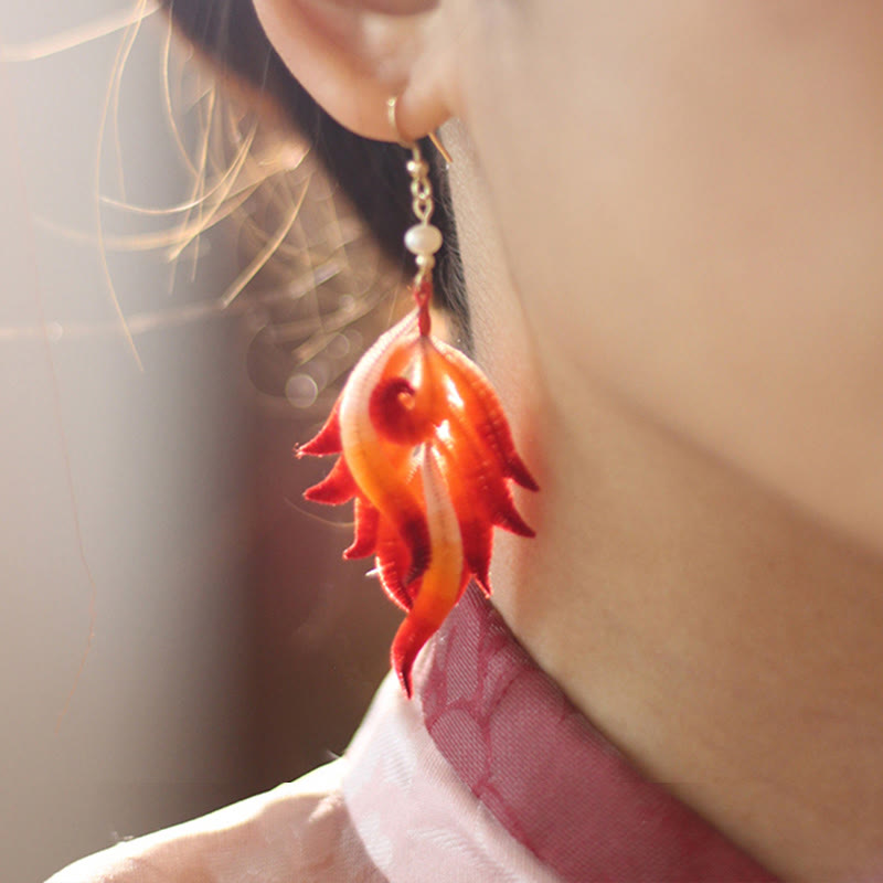 Handmade 14K Gold-Plated Copper and Mulberry Silk Velvet Flower Red Feather Drop Earrings