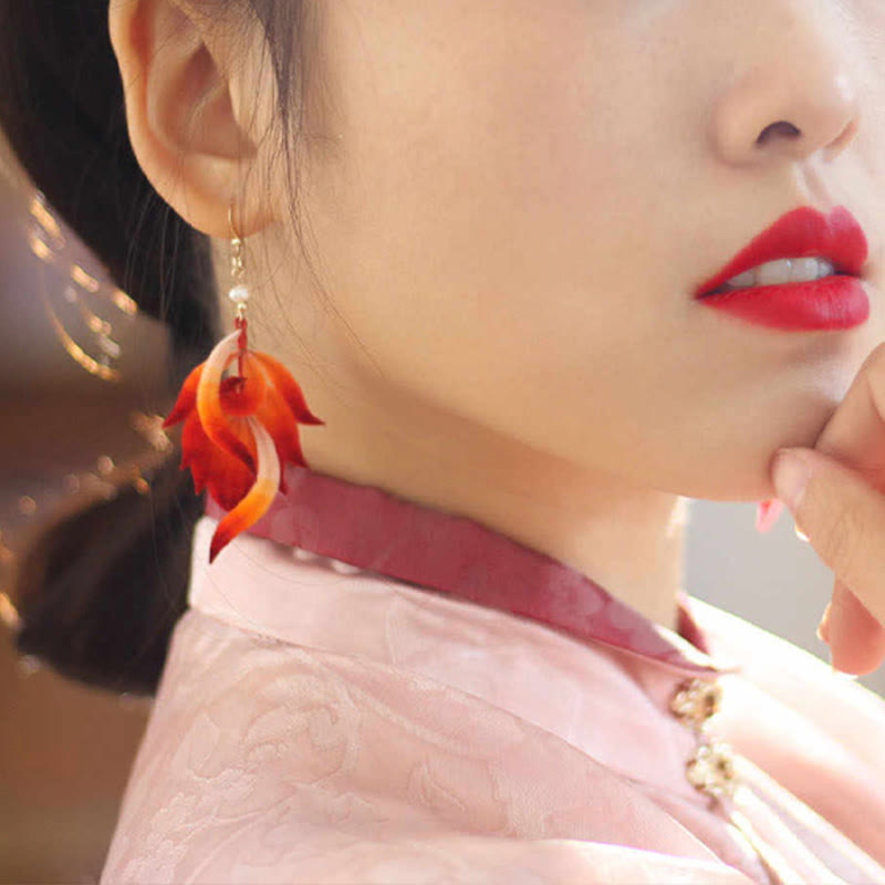 Handmade 14K Gold-Plated Copper and Mulberry Silk Velvet Flower Red Feather Drop Earrings