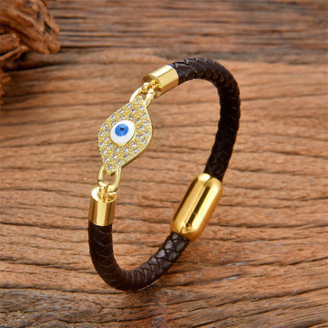 Modern Leather and Copper Evil Eye Bracelet with Metal Buckle