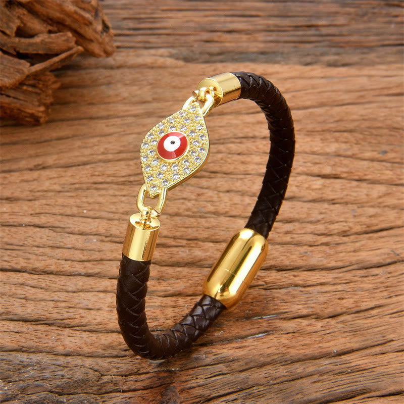 Modern Leather and Copper Evil Eye Bracelet with Metal Buckle