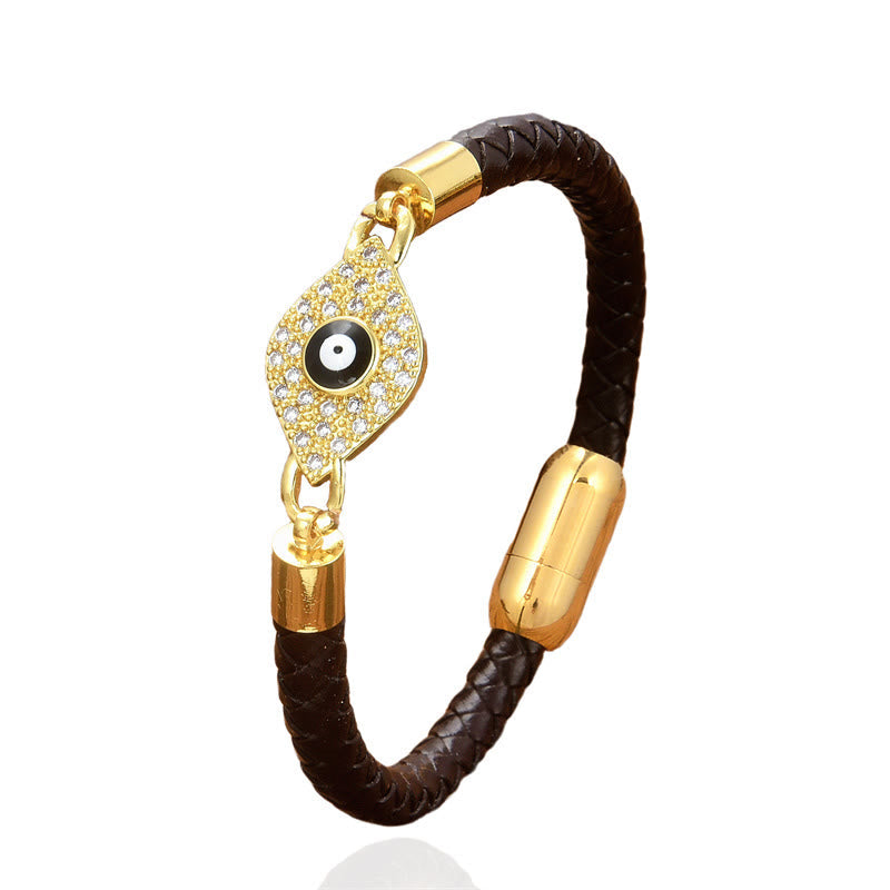 Modern Leather and Copper Evil Eye Bracelet with Metal Buckle