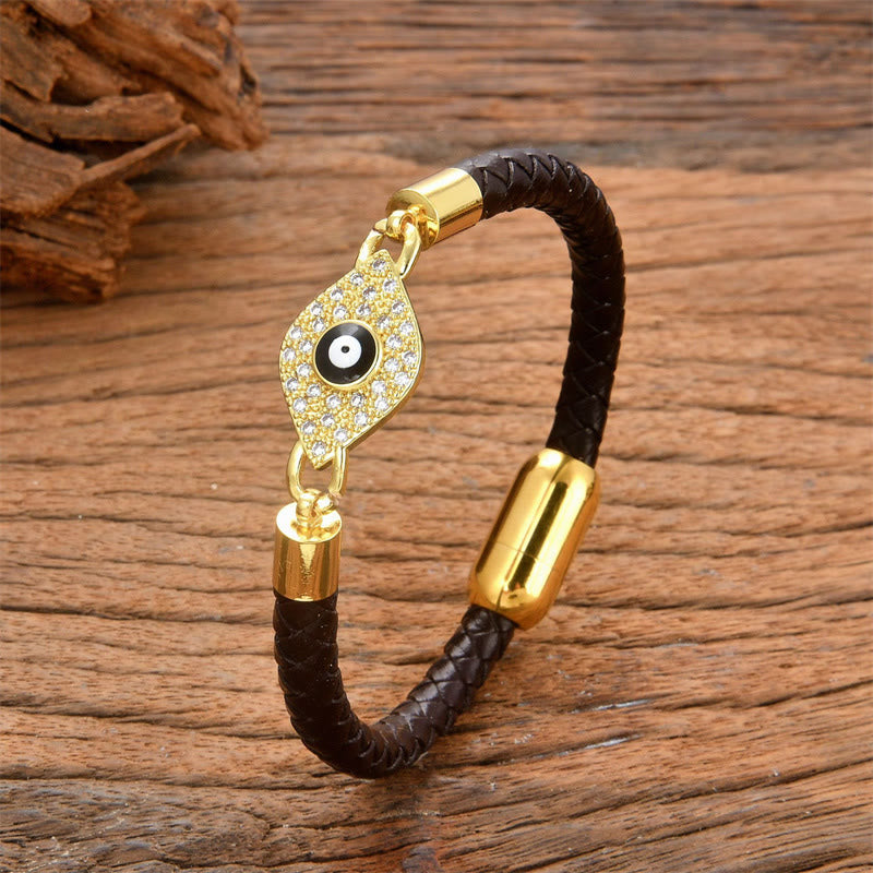 Modern Leather and Copper Evil Eye Bracelet with Metal Buckle