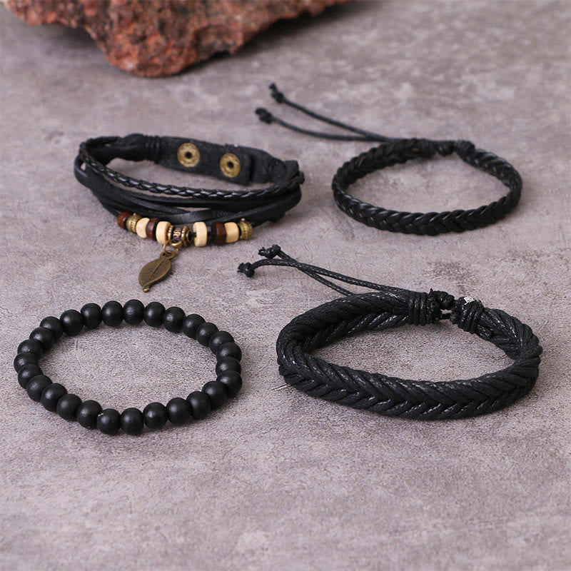 Multi-layer Twisted Leather and Resin Beads Leaf Pendant Courage Bracelet Set