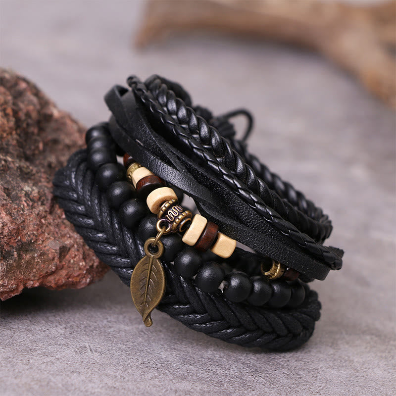 Multi-layer Twisted Leather and Resin Beads Leaf Pendant Courage Bracelet Set