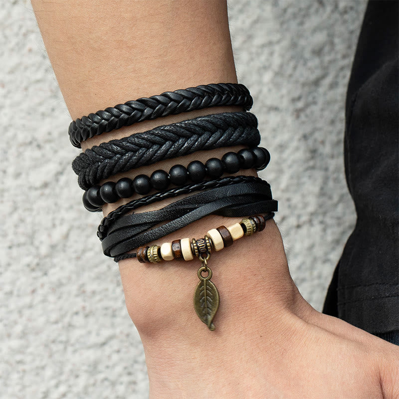 Multi-layer Twisted Leather and Resin Beads Leaf Pendant Courage Bracelet Set