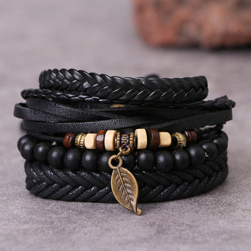 Multi-layer Twisted Leather and Resin Beads Leaf Pendant Courage Bracelet Set