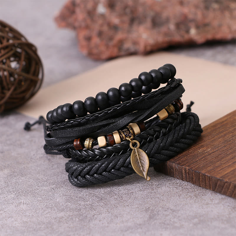 Multi-layer Twisted Leather and Resin Beads Leaf Pendant Courage Bracelet Set