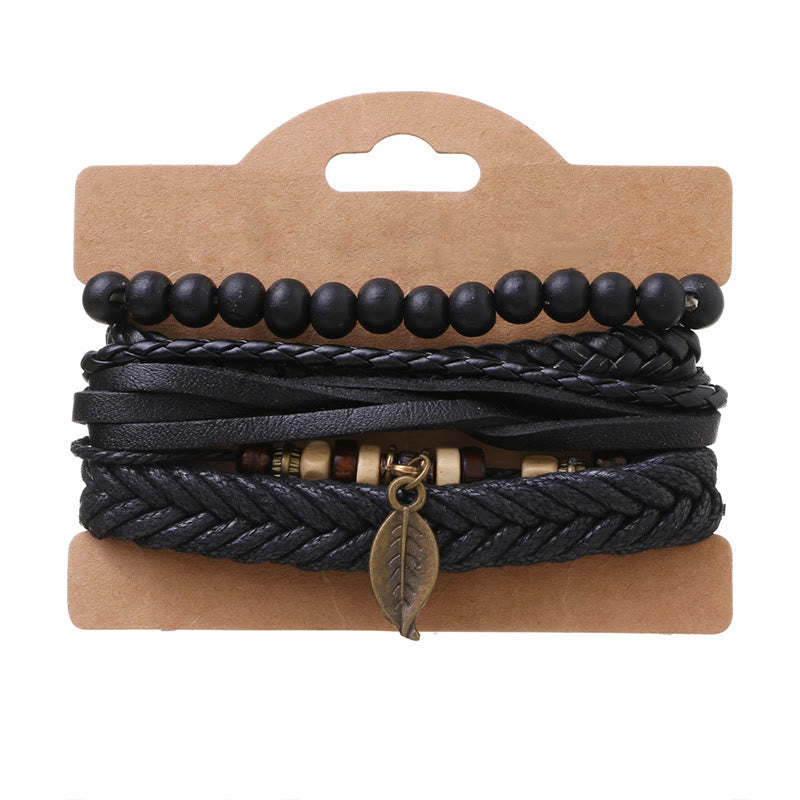 Multi-layer Twisted Leather and Resin Beads Leaf Pendant Courage Bracelet Set