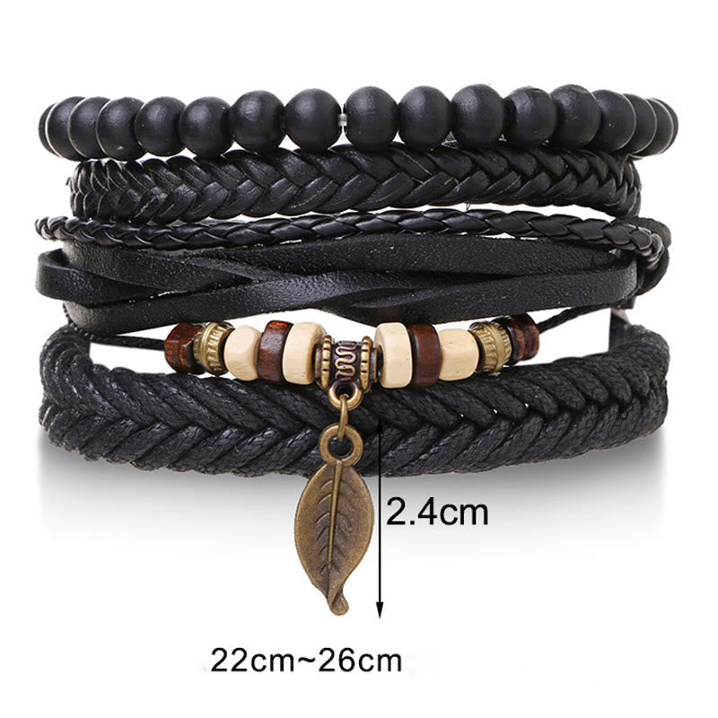 Multi-layer Twisted Leather and Resin Beads Leaf Pendant Courage Bracelet Set