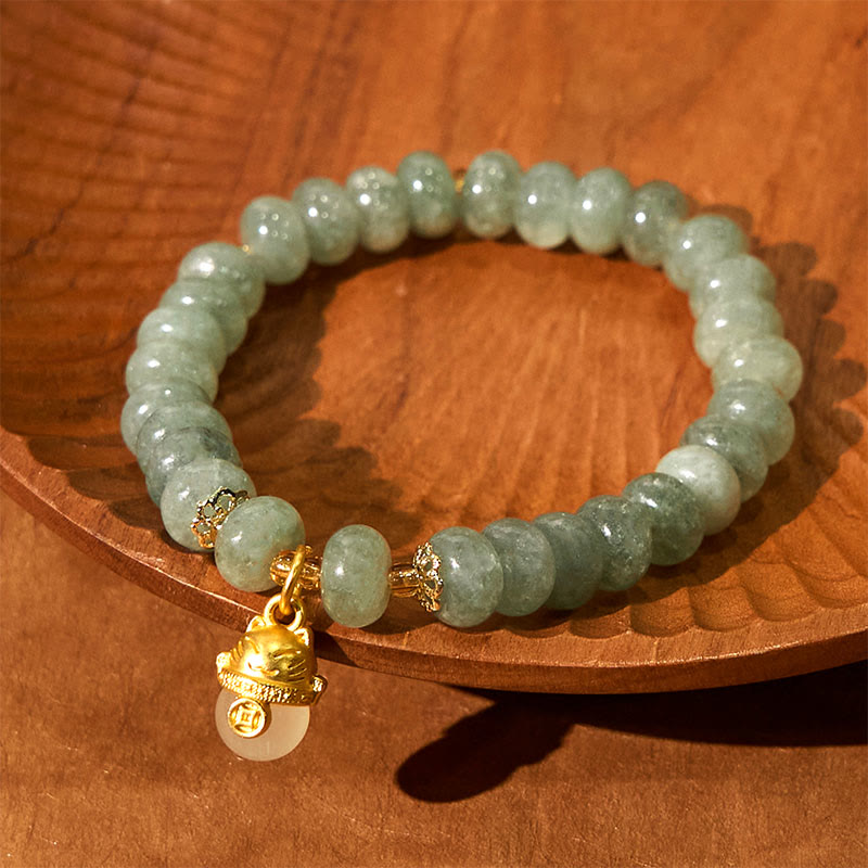 Handmade Cyan Jade & Strawberry Quartz Lucky Cat Beaded Copper Bracelet