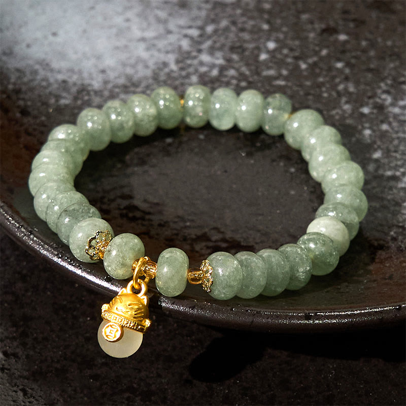 Handmade Cyan Jade & Strawberry Quartz Lucky Cat Beaded Copper Bracelet