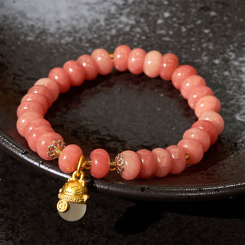 Strawberry Quartz & Cyan Jade Copper Lucky Cat Beaded Bracelet
