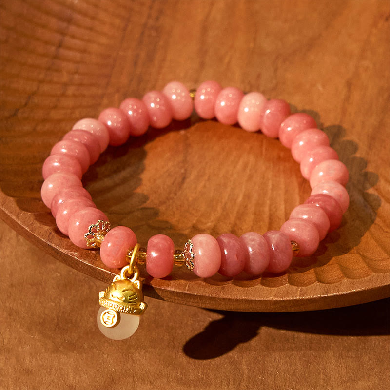 Handmade Cyan Jade & Strawberry Quartz Lucky Cat Beaded Copper Bracelet