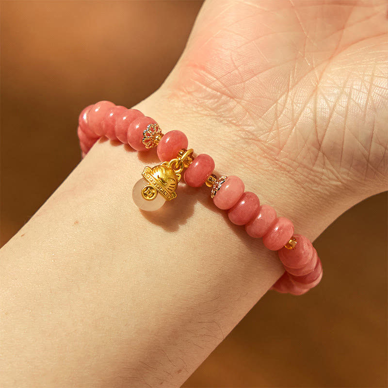 Strawberry Quartz & Cyan Jade Copper Lucky Cat Beaded Bracelet