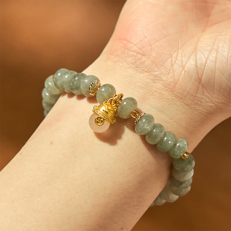 Strawberry Quartz & Cyan Jade Copper Lucky Cat Beaded Bracelet