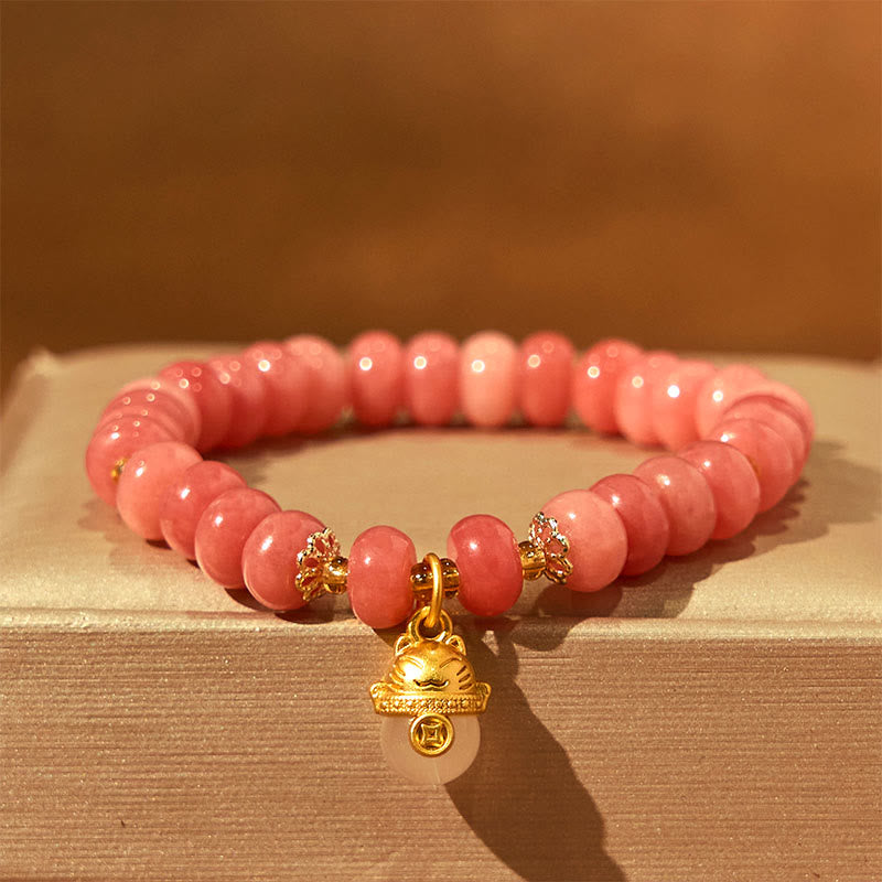 Strawberry Quartz & Cyan Jade Copper Lucky Cat Beaded Bracelet