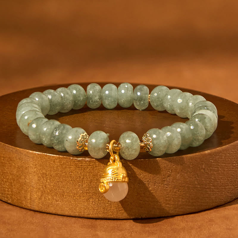 Handmade Cyan Jade & Strawberry Quartz Lucky Cat Beaded Copper Bracelet