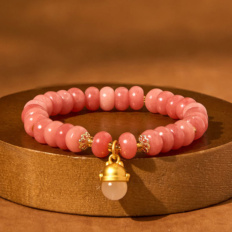 Handmade Cyan Jade & Strawberry Quartz Lucky Cat Beaded Copper Bracelet