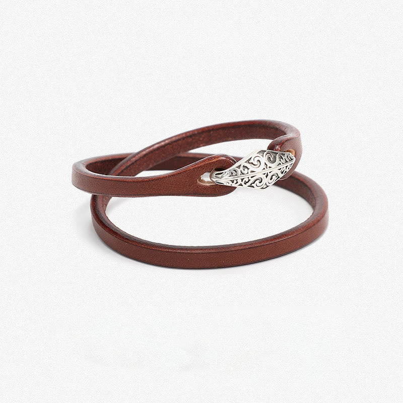 925 Sterling Silver & Leather Multi-Wrap Engraved Buckle Bracelet