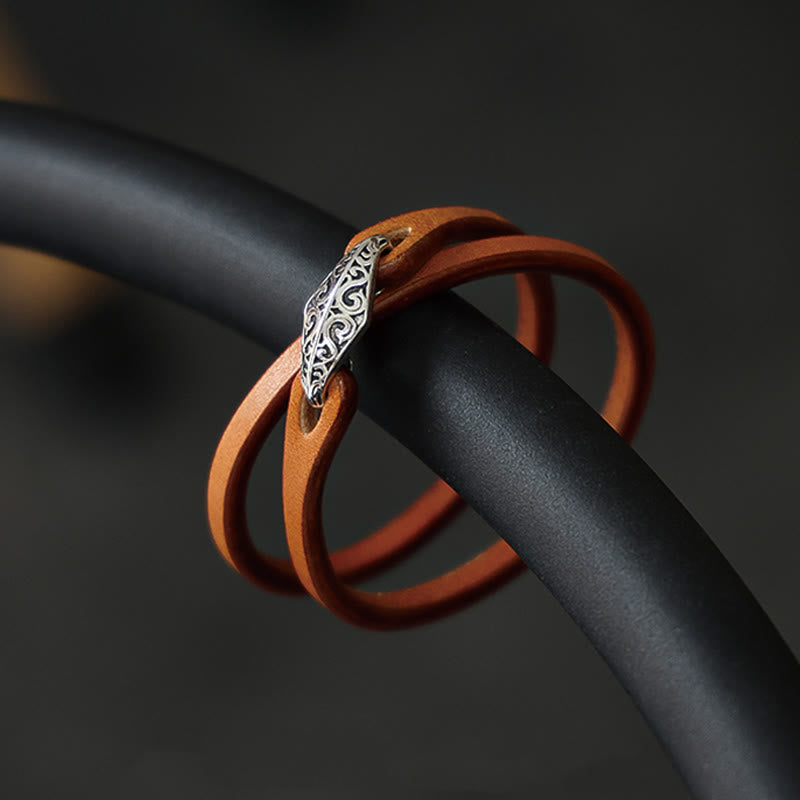925 Sterling Silver & Leather Multi-Wrap Engraved Buckle Bracelet