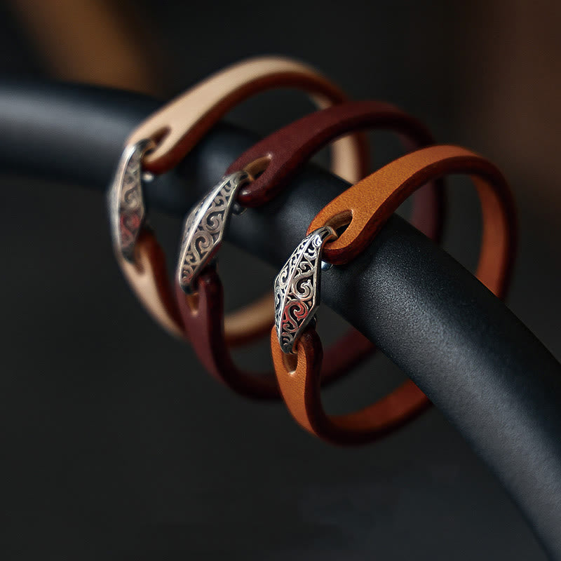 925 Sterling Silver & Leather Multi-Wrap Engraved Buckle Bracelet