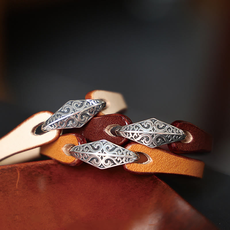925 Sterling Silver & Leather Multi-Wrap Engraved Buckle Bracelet