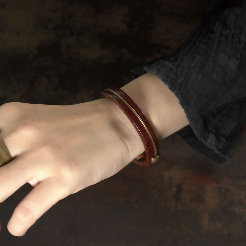 Vintage Leather Copper Brass Wire Healing Bangle Bracelet