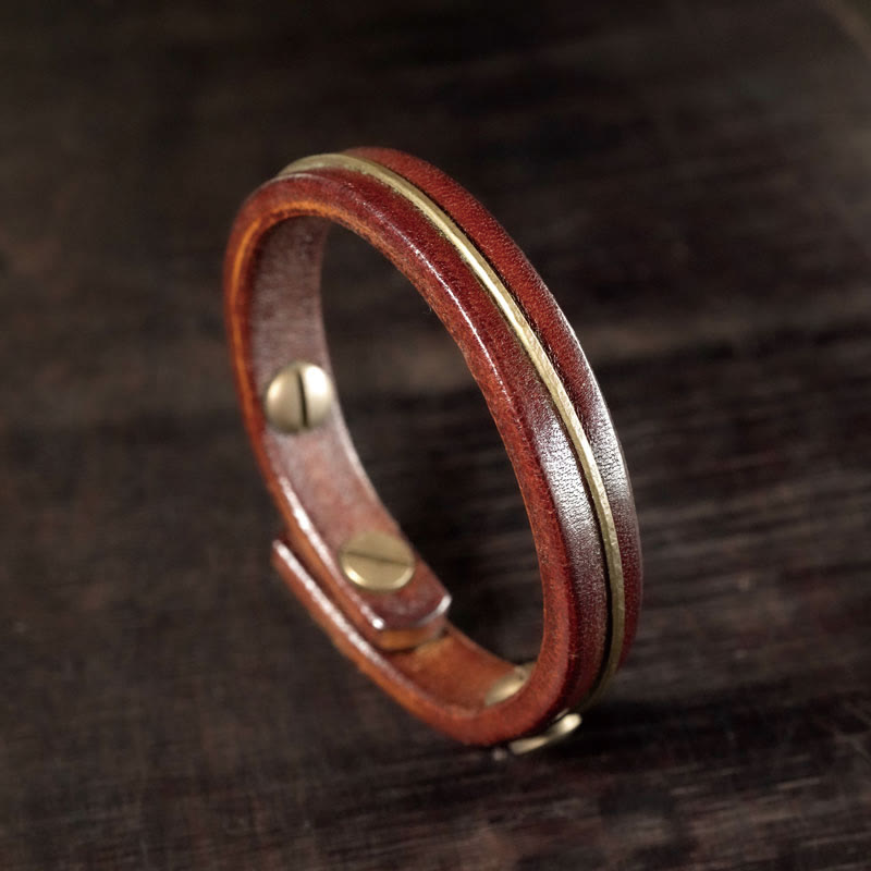 Vintage Leather Copper Brass Wire Healing Bangle Bracelet