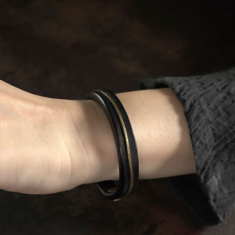 Vintage Leather Copper Brass Wire Healing Bangle Bracelet