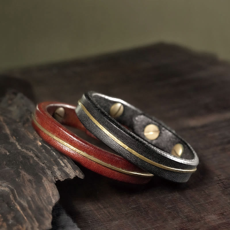 Vintage Leather Copper Brass Wire Healing Bangle Bracelet