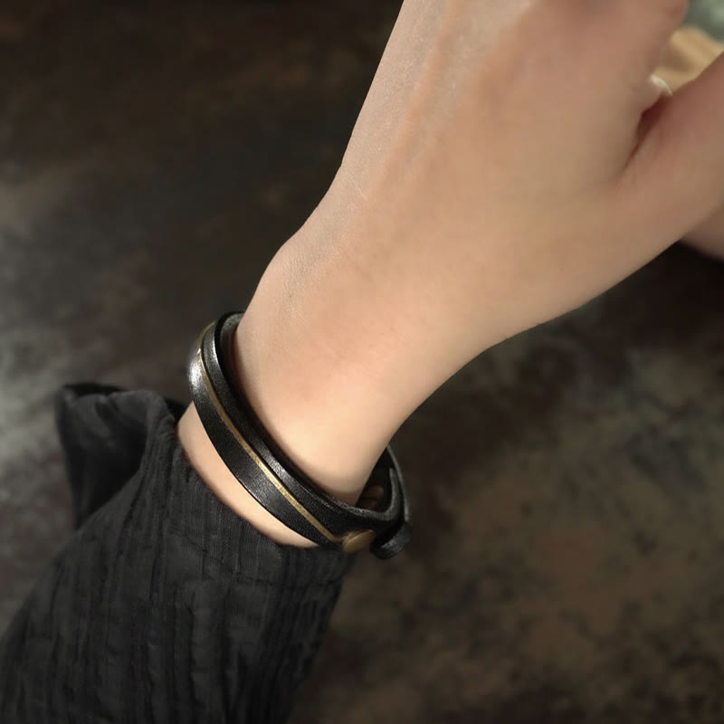 Vintage Leather Copper Brass Wire Healing Bangle Bracelet