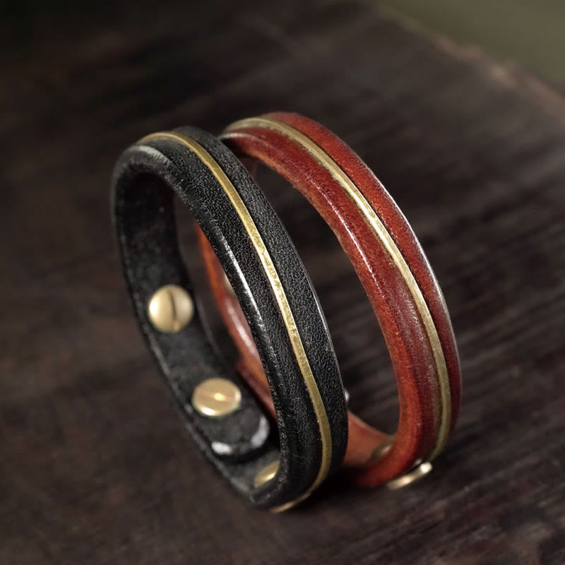 Vintage Leather Copper Brass Wire Healing Bangle Bracelet