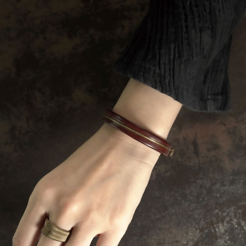 Vintage Leather Copper Brass Wire Healing Bangle Bracelet