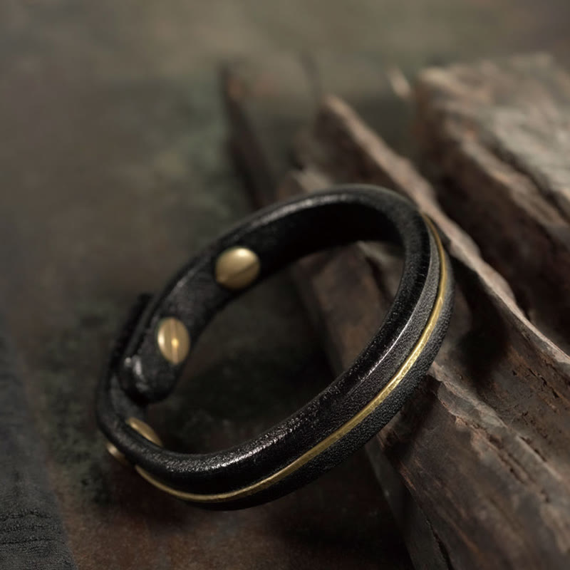 Vintage Leather Copper Brass Wire Healing Bangle Bracelet