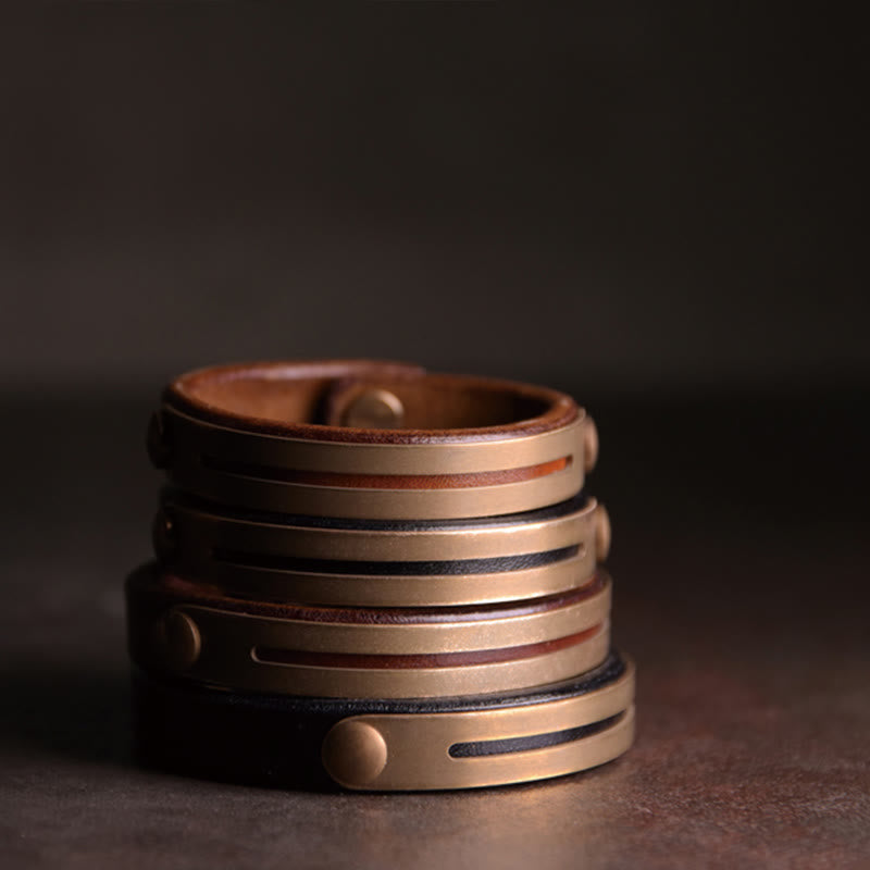 Vintage Leather Copper Brass Balance Bangle Bracelet